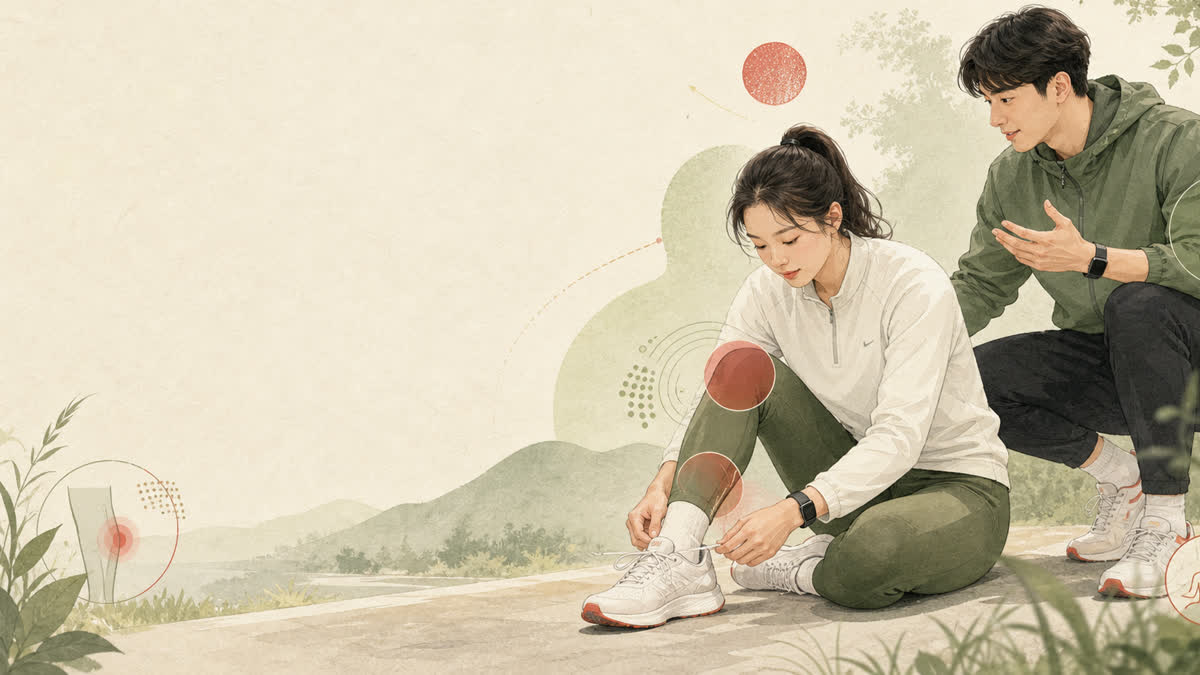 통증을 확인하며 안전하게 러닝을 준비하는 일러스트
